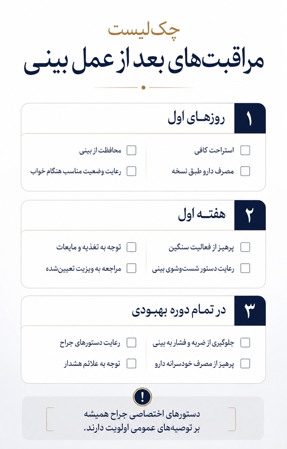 اینفوگرافیک چک‌لیست مراقبت‌های بعد از عمل بینی