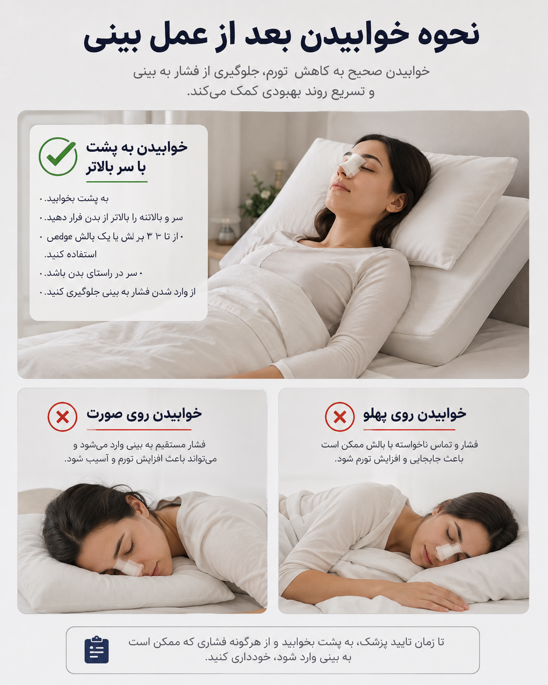 اینفوگرافیک نحوه خوابیدن و قرارگیری سر بعد از عمل بینی